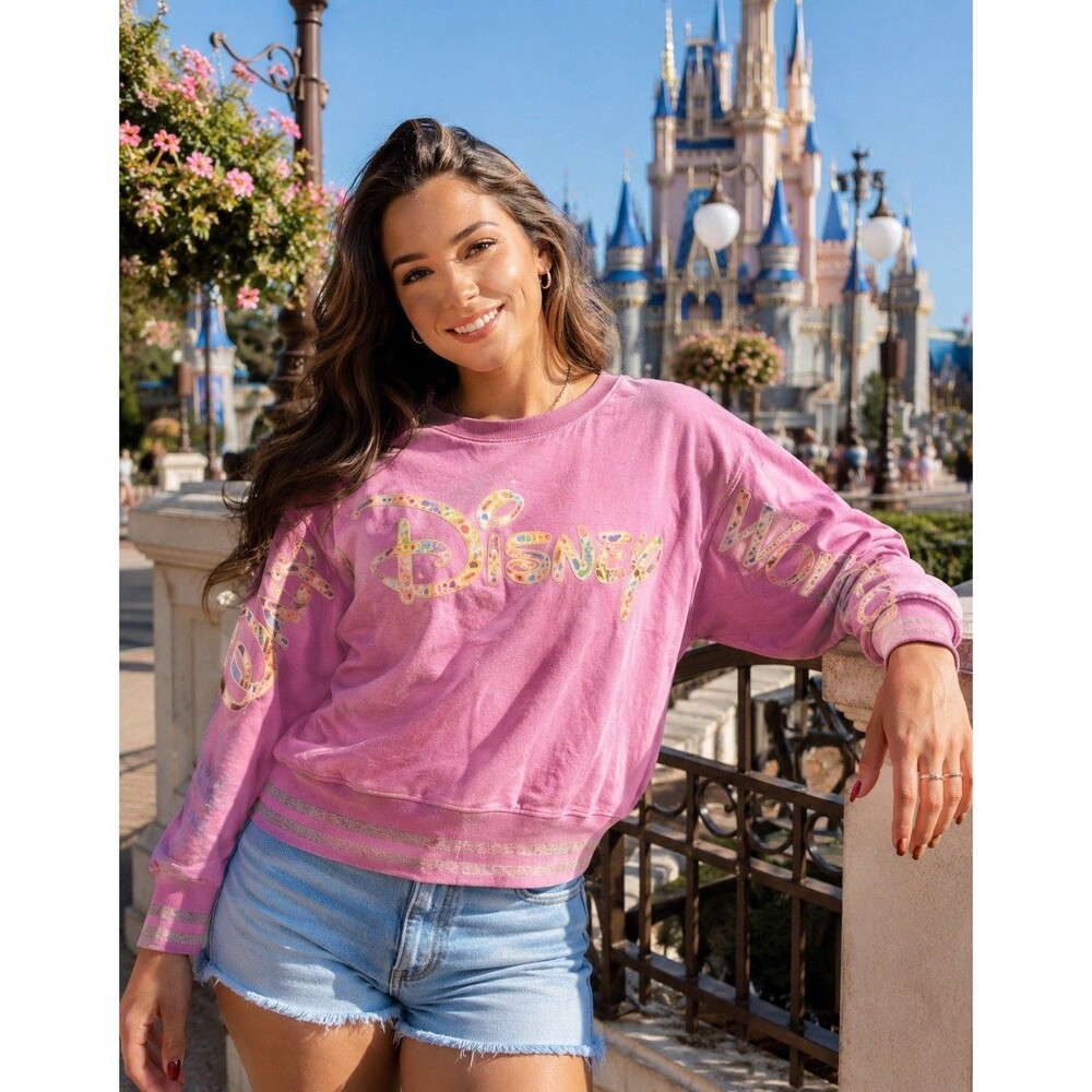Walt Disney World 50th Anniversary Sweatshirt Pink Iridescent Puff Logo Womens L